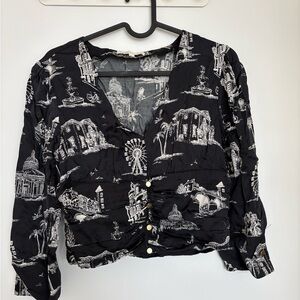 Maje Black and White Scenic Print Button-Front Blouse